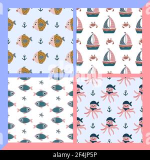 Set of designs for baby textiles. Marine theme pattern. Delicate childish design.Vector illustration Stock Vector