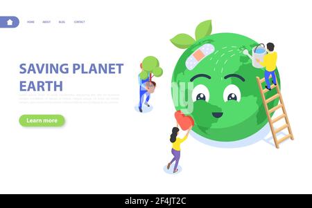 Saving planet Earth. The concept of caring for the environment. Flat vector isometric illustration isolated on white background. Stock Vector