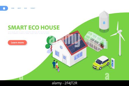 The concept of a smart and sustainable home with renewable energy sources and organic farming. Flat vector isometric illustration. Stock Vector