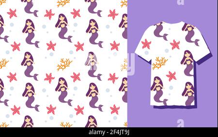 Seamless Patterns Underwater Mermaid Vector Illustration Cute Sea Animals Cartoon Characters Along with Fish, Turtle, Octopus, Seahorse, Crab Stock Vector