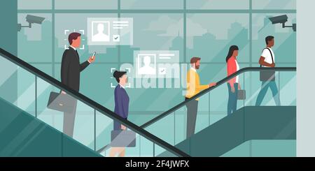 Facial recognition and personal identification technology in a corporate building: business people recognized by a surveillance camera Stock Vector