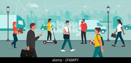 Connected people and devices in the smart city, innovation technology and communications concept Stock Vector