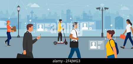 Facial recognition and personal identification technology: people walking in the city street recognized and identified by a facial recognition camera Stock Vector