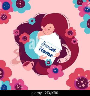 Vector illustration Sweet home.Girl holds in her hands a cozy house with the inscription, a cat, flowers, a cup of tea. Delicate print for printing,card,invitation to a housewarming party. Hugge style Stock Vector