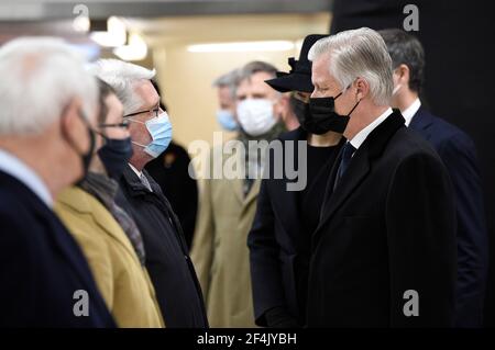 King Philippe - Filip of Belgium pictured at a ceremony at the Maalbeek - Maelbeek metro station to commemorate the 2016 terrorist attacks in Brussels Stock Photo