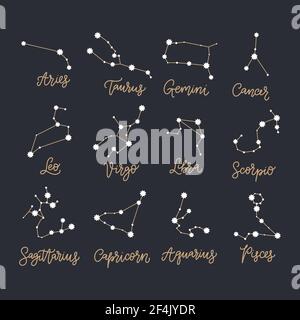 Astrology astronomy constellation set. Vector pisces, virgo leo, libra, sagittarius, scorpio and capricorn signs. Stock Vector