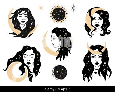 Woman celestial magic astrology esoteric illustration set. Star and moon space girl art collection. Vector mystic spiritual female face black tattoo alchemy. Stock Vector