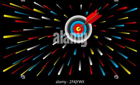Dartboard and red dart arrow in the target centre on black background vector illustration. Stock Vector