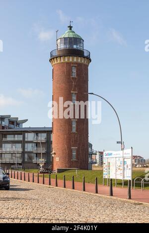 Cuxhaven, Germany - March 14, 2021: Lighthouse near Alte Liebe pier in the harbor district, known as Hamburger Leuchtturm Stock Photo