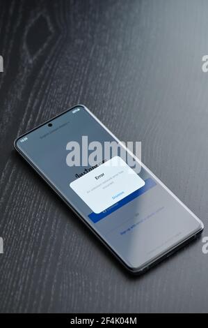 New york, USA - March 22, 2021: Blocked or lost connection Instagram  app on smartphone screen laying on table Stock Photo