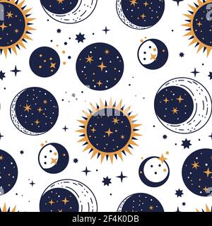 Planet star, sun and moon vector astrology astronomy luxury celestial seamless pattern. Galaxy outer space fantasy vector art. Stock Vector