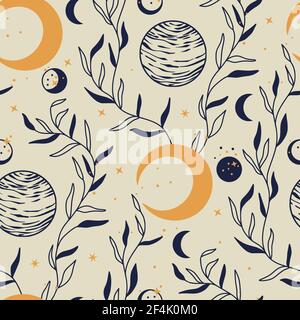 Night celestial star planet moon vector astrology astronomy luxury seamless pattern. Galaxy outer space fantasy futuristic imagination map. Ornate elegance art Stock Vector
