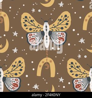 Butterfly boho insect seamless ethnic pattern. Decorative magic fashion textile design. Fabric vector. Stock Vector