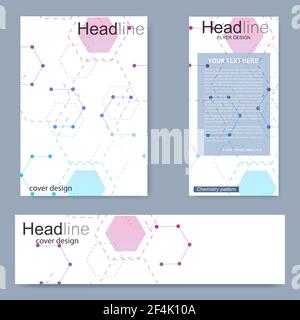Set flyer, brochure size A4 template,banner. Molecular structure with connected lines and dots. Scientific pattern atom DNA with elements for magazine Stock Vector