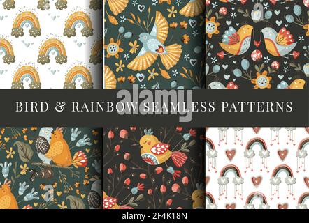 Boho bird folk art flower seamless pattern set. Colorful ornate vector ornament collection. Bohemian background. Stock Vector