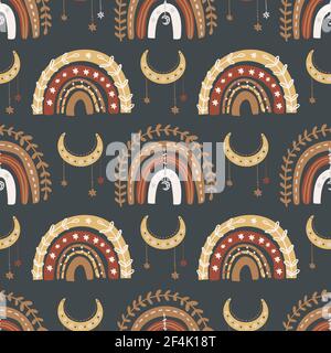 Kid rainbow child boho bohemian seamless pattern. Vector baby childish cute design. Nursery background illustration. Trendy texture cartoon print. Stock Vector