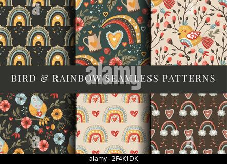 Boho bird folk art flower seamless pattern set. Colorful ornate vector ornament collection. Bohemian background. Stock Vector