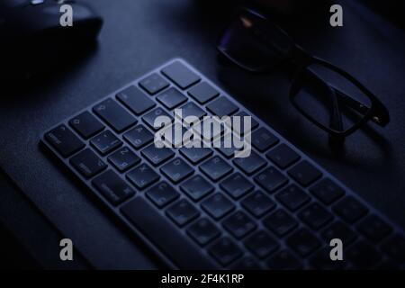 Morning Working Place at Home Wireless keyboard and mouse Stock Photo
