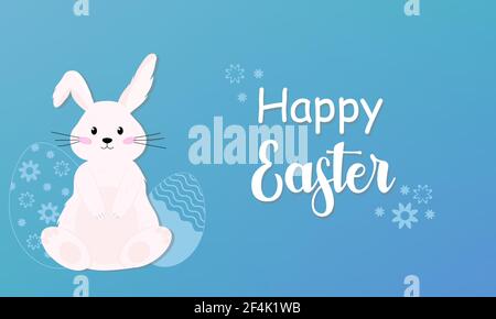 White easter rabbit and eggs. Inscription Happy Easter and cute bunny on blue background. Vector illustration Stock Vector