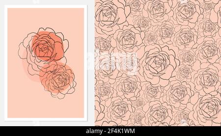 Set of hand draw illustrations with outline roses pastel biege simple shape and seamless roses pattern for wall decoration, postcard or brochure cover Stock Vector