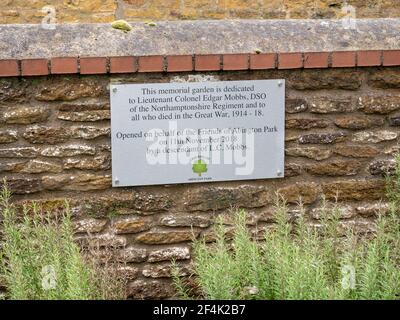 Sign for the memorial garden dedicated to local hero Edgar Mobbs who died in WW1, Abington Park, Northampton, UK Stock Photo