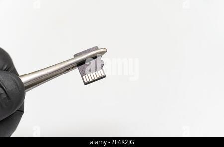 Technician-worker holds a microSD card with tweezers in a repair service center on a white background close-up with copy space Stock Photo