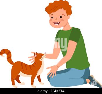 Happy redhead boy with freckles and cat Stock Vector