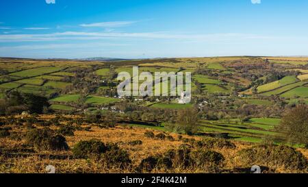 Fields and meadows in Haytor Rocks, Dartmoor Park, Widecombe in the Moor, Devon, England, Europe Stock Photo