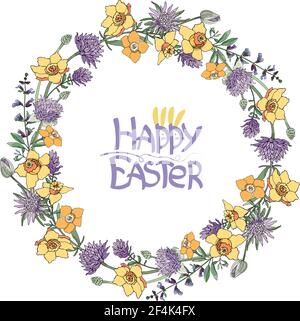 Vector round frame, detailed wreath of  flowers isolated on white. Yellow daffodils, purple allium and oyster plant (vegetable oyster, tragopogon). Stock Vector
