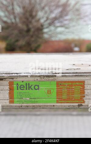 POZNAN, POLAND - Apr 01, 2016: Telka company sticker on a metal construction rack shelf Stock Photo