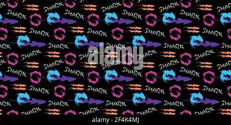 Youth vector seamless pattern with colorful stylized sharks and white lettering on a black background. The most popular among teenagers and men. Stock Vector
