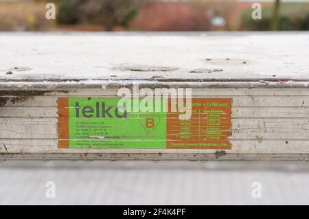 POZNAN, POLAND - Apr 01, 2016: Telka company sticker on a metal construction rack shelf Stock Photo