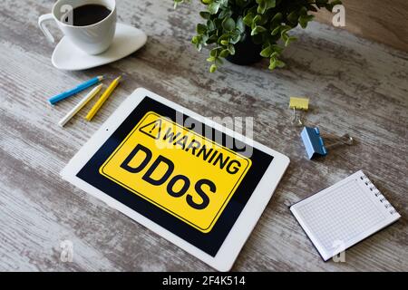 DDoS attack detection message. Virus and Hacking. Cyber security and internet concept. Stock Photo