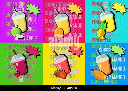 Vector set of pop art fresh fruit cocktails mixes Stock Vector