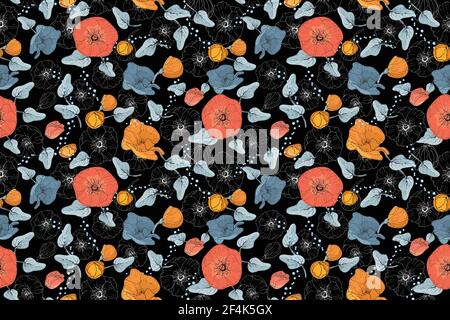 Art floral vector seamless pattern. Pink, orange, light blue mallow and poppy on black background. Isolated vector flowers, buds, leaves, twigs, peas. Stock Vector