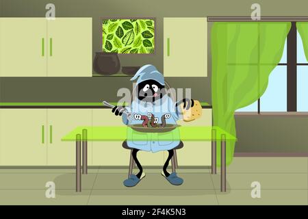 A cute cheerful and happy monster is sitting in the kitchen at the neon green glass table and having Breakfast. In plate cute living worms. Stock Vector