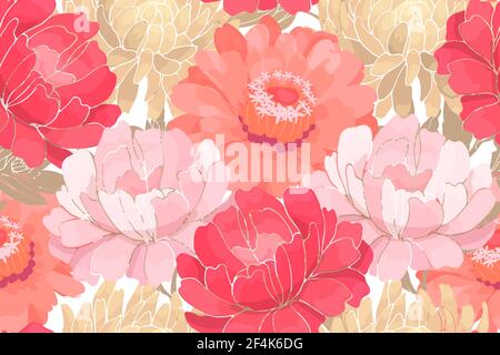 Vector floral pattern. Pink and white garden flowers with beige leaves isolated on white background. Beautiful peonies, asters, zinnia Stock Vector