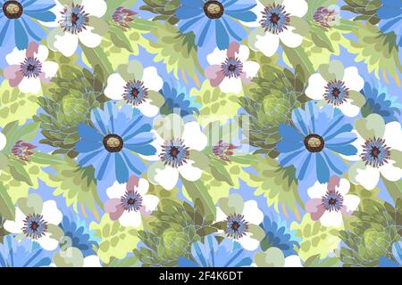 Art floral vector seamless pattern. Blue and white flowers with green leaves. Vector elements Isolated on olive background Stock Vector