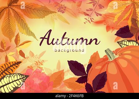 Autumn vector background. Red, yellow, orange, chocolate leaves and flowers, orange pumpkin on light yellow background Stock Vector