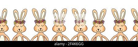 Rabbit seamless border painted. Repeating horizontal pattern with bunnies holding hands wearing flower crowns. Cute bunny art for Easter cards, ribbon Stock Photo