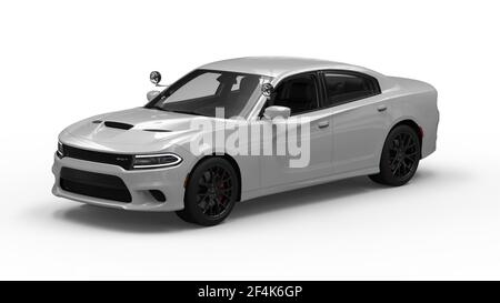 AUSTIN, UNITED STATES - Nov 03, 2020: Various angles of a white truck Dodge Charger (police car in the United States) heavy duty renderings. Great for Stock Photo