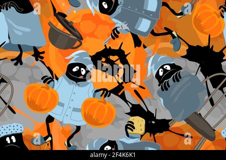 Halloween background vector. Art seamless pattern with cute black monsters, orange pumpkin, moon, web. Isolated elements on orange background. Stock Vector