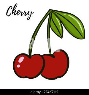 Cherries with leaves. Two burgundy ripe berries on a branch with leaves. Vector. Garden berries close-up. Stock Vector