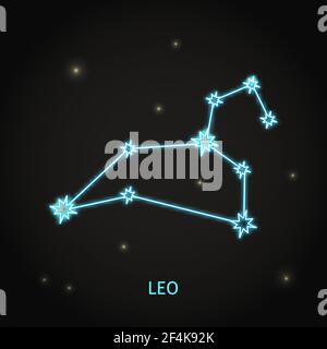 Neon Leo zodiac sign on dark background. Shining constellation in the night sky. Vector illustration. Stock Vector