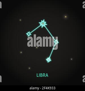 Neon Libra zodiac sign on dark background. Shining constellation in the night sky. Vector illustration. Stock Vector