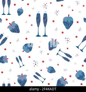 Champagne and strawberry vector seamless pattern background. Blue red white backdrop with fizz, champagne flutes, strawberries fruit, bubbles, stars Stock Vector