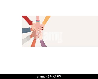 Group hands on top of each other of diverse multi-ethnic and multicultural women. Diversity women. Female social network community. Diversity. Female Stock Vector
