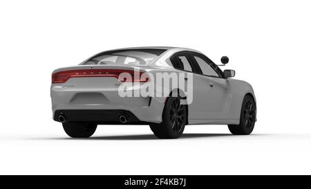 AUSTIN, UNITED STATES - Nov 03, 2020: Various angles of a white truck Dodge Charger (police car in the United States) heavy duty renderings. Great for Stock Photo