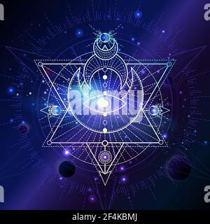 Vector illustration of Sacred geometric symbol against the space background with planets and stars. Mystic sign drawn in lines. Image in purple color. Stock Vector