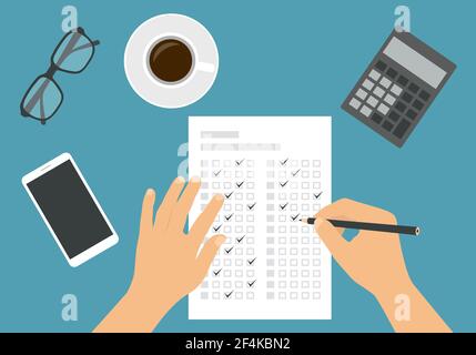 Flat design illustration of a man or woman's hand filling out a professional test answer form with a pencil. Cup of coffee with calculator and glasses Stock Vector